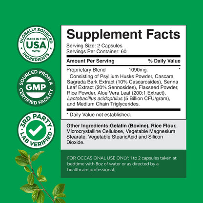 Herbal Laxative Capsules with Probiotics – Natural Laxatives for Constipation with Senna Leaf, Psyllium, Aloe Vera – Colon Cleanse for Women & Men - Detox for Gut Health & Weight Management – 60 Count Gsupps Australia