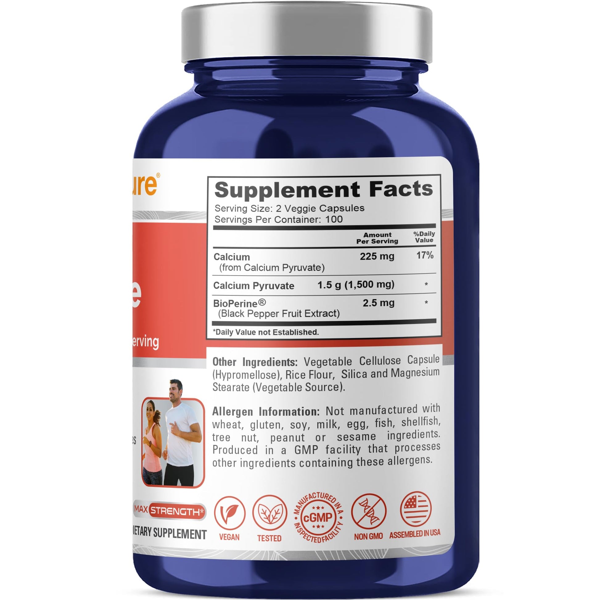 NusaPure Calcium Pyruvate - Suitable for Vegetarian/Vegan, Non - GMO - 1500 mg - 200 Capsules NusaPure buy australia supplements