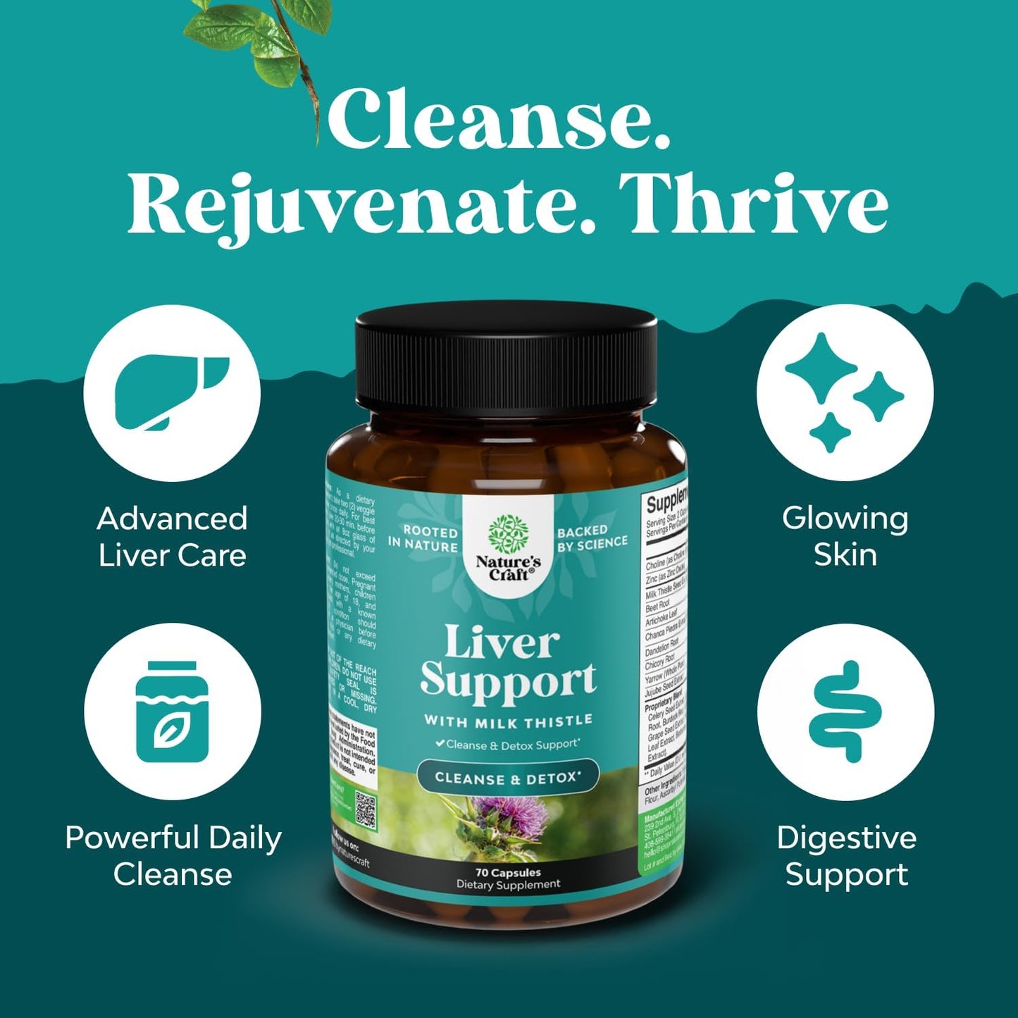 Liver Cleanse Detox & Repair - Milk Thistle Supplement for Digestion & Immune Health - Ginger Root, Choline & Dandelion Root Natures Craft