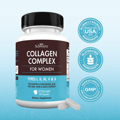 BioSchwartz Hydrolyzed Collagen Peptide Capsules - Multi Collagen Supplements for Women Types I, II, III, V, X with Vitamin C, Biotin, BioSchwartz