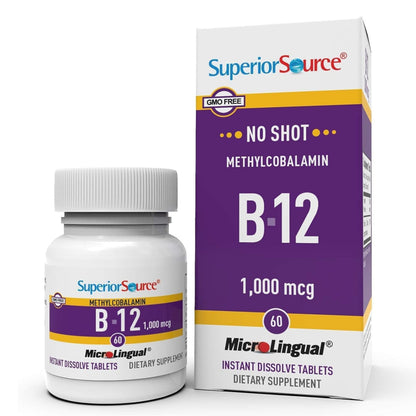 Superior Source No Shot Methylcobalamin B-12 1,000 mcg - Vitamin B-12 to Support Energy Production, Brain Health & Overall Wellness - Sublingual Tablets Superior Source