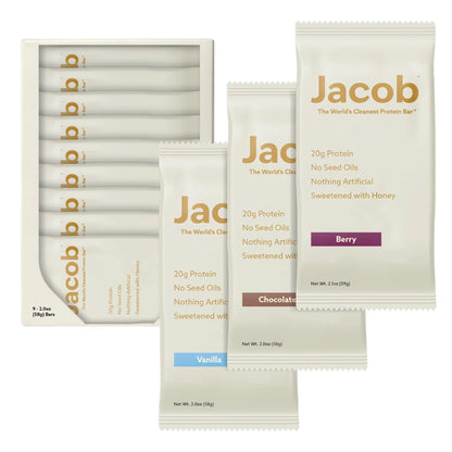 Jacob Bar, Protein Bars, Variety Pack (9 Bars Total) Contains 3 of Each; Chocolate, Vanilla, Berry - 20g Grass-Fed Protein, No Seed Oils, Nothing Artificial Jacob