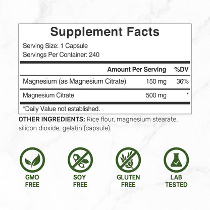 DEAL SUPPLEMENT Magnesium Citrate 500mg, 240 Capsules | Easily Absorbed, Purified Trace Mineral – One a Day, Non-GMO DEAL SUPPLEMENT