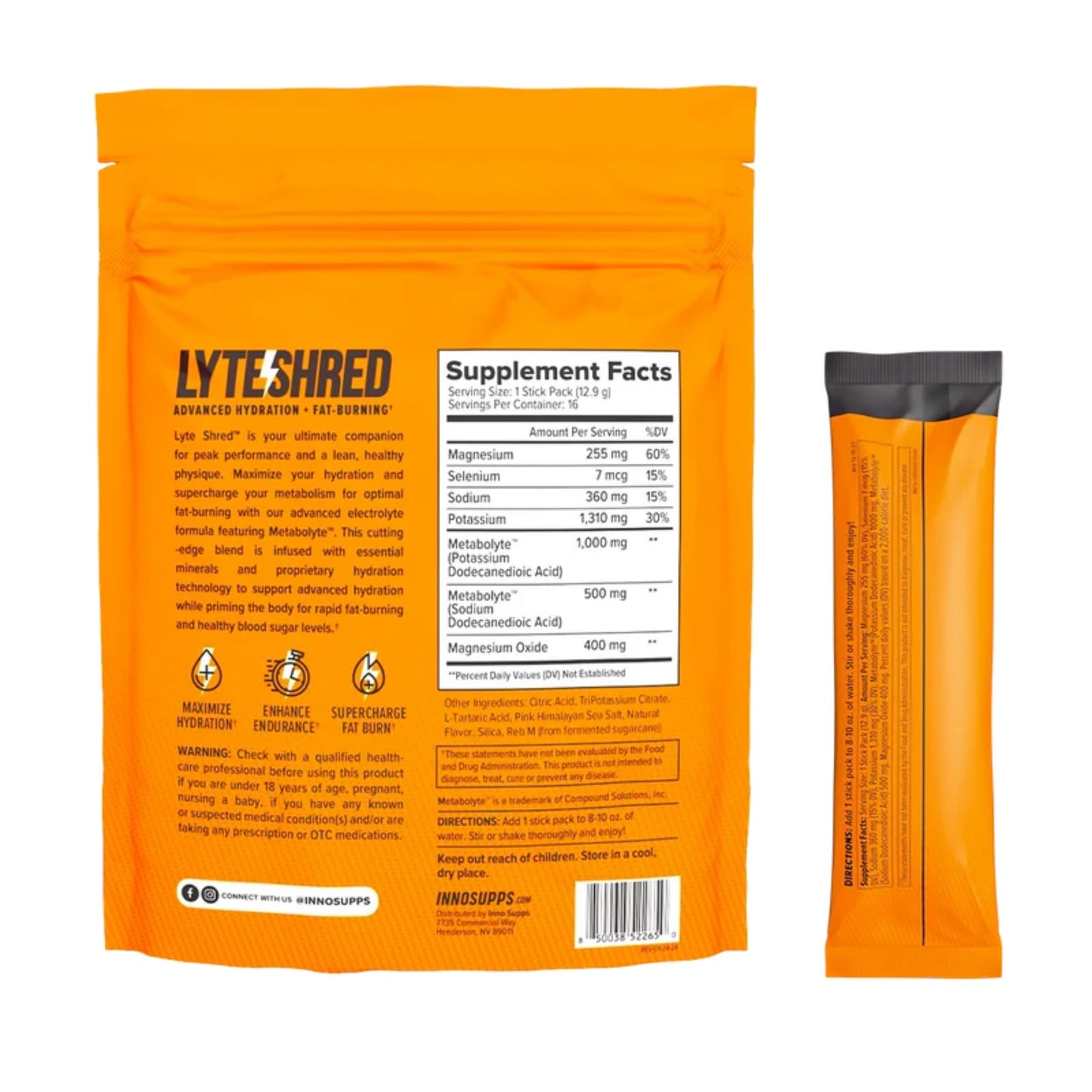 Inno Lyte Shred Hydration Packets - Electrolyte Powder Drink Mix with Magnesium, Sodium, & Potassium - Sugar Free Electrolytes Powder for Performance and All Day Hydration 16 Packets (Electric Peach)