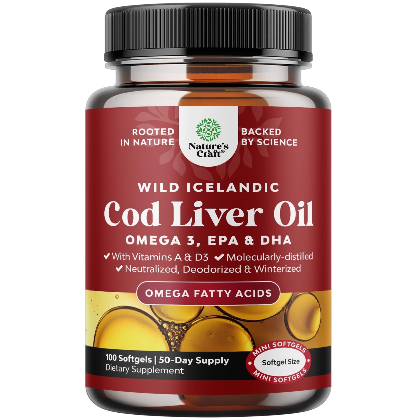 Icelandic Wild Caught Cod Liver Oil Softgels - Fish Omega 3, EPA, DHA, Vitamin D & A, 1000mg Per Serving - Burpless Capsules for Heart Natures Craft