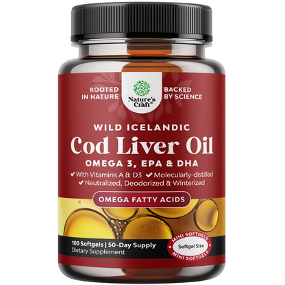 Icelandic Wild Caught Cod Liver Oil Softgels - Fish Omega 3, EPA, DHA, Vitamin D & A, 1000mg Per Serving - Burpless Capsules for Heart Natures Craft