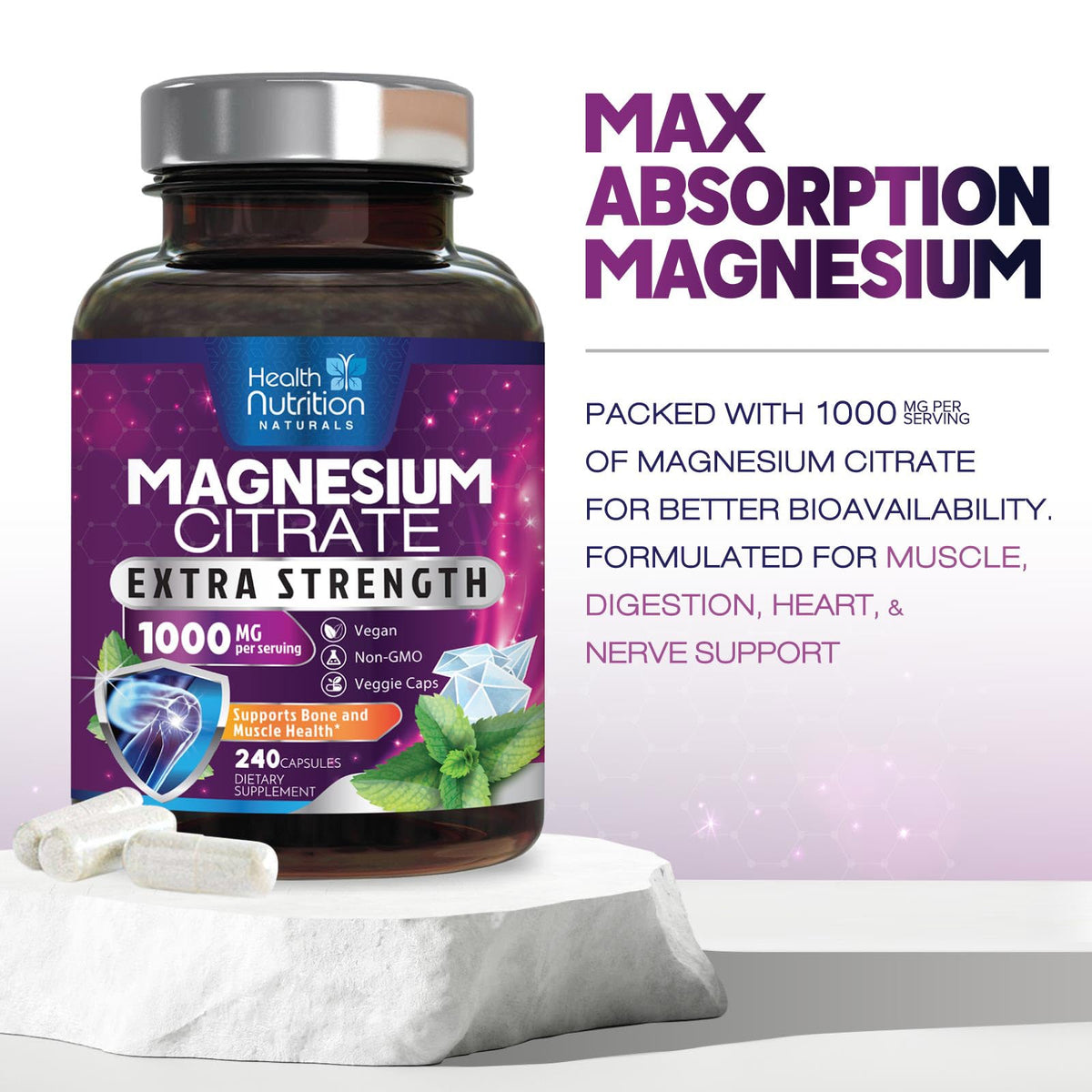 Magnesium Citrate 1000mg Per Serving - Max Absorption Magnesium Powder Capsules for Muscle, Nerve, Bone and Heart Health Support, High Absorption Citrate Complex Health Nutrition Naturals