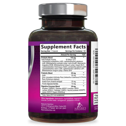 Probiotics for Digestive Gut Health - 50 Billion CFU Per Capsule, 10 Premium Strains & Prebiotics - Best Probiotics for Women & Men, Occasional Constipation, Gas, Immune Health Support - 180 Capsules Nature's Nutrition