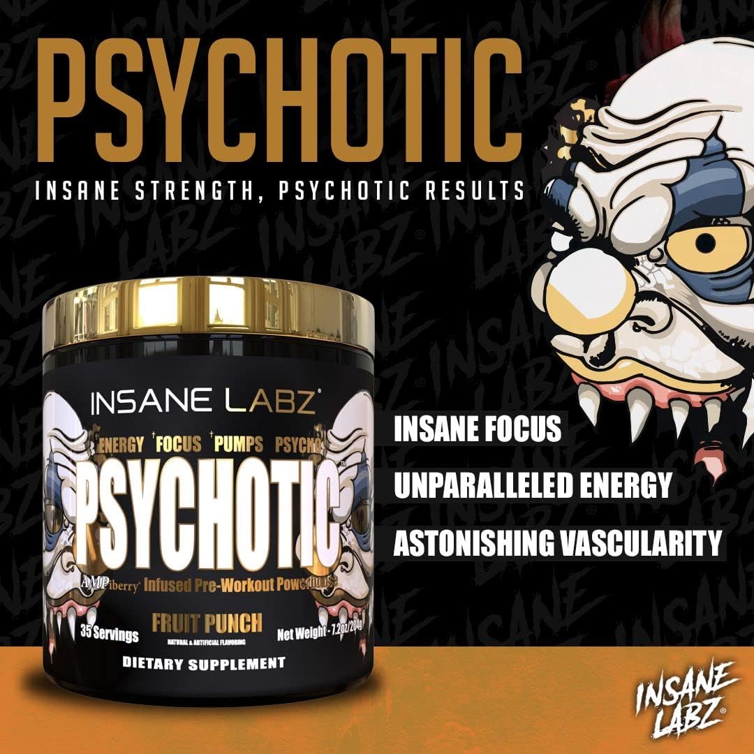 Insane Labz Psychotic Gold, High Stimulant Pre Workout Powder, Extreme Lasting Energy, Pumps and Endurance with Beta Alanine, DMAE Bitartrate, NO Booster (60 Servings, Gummy Candy)