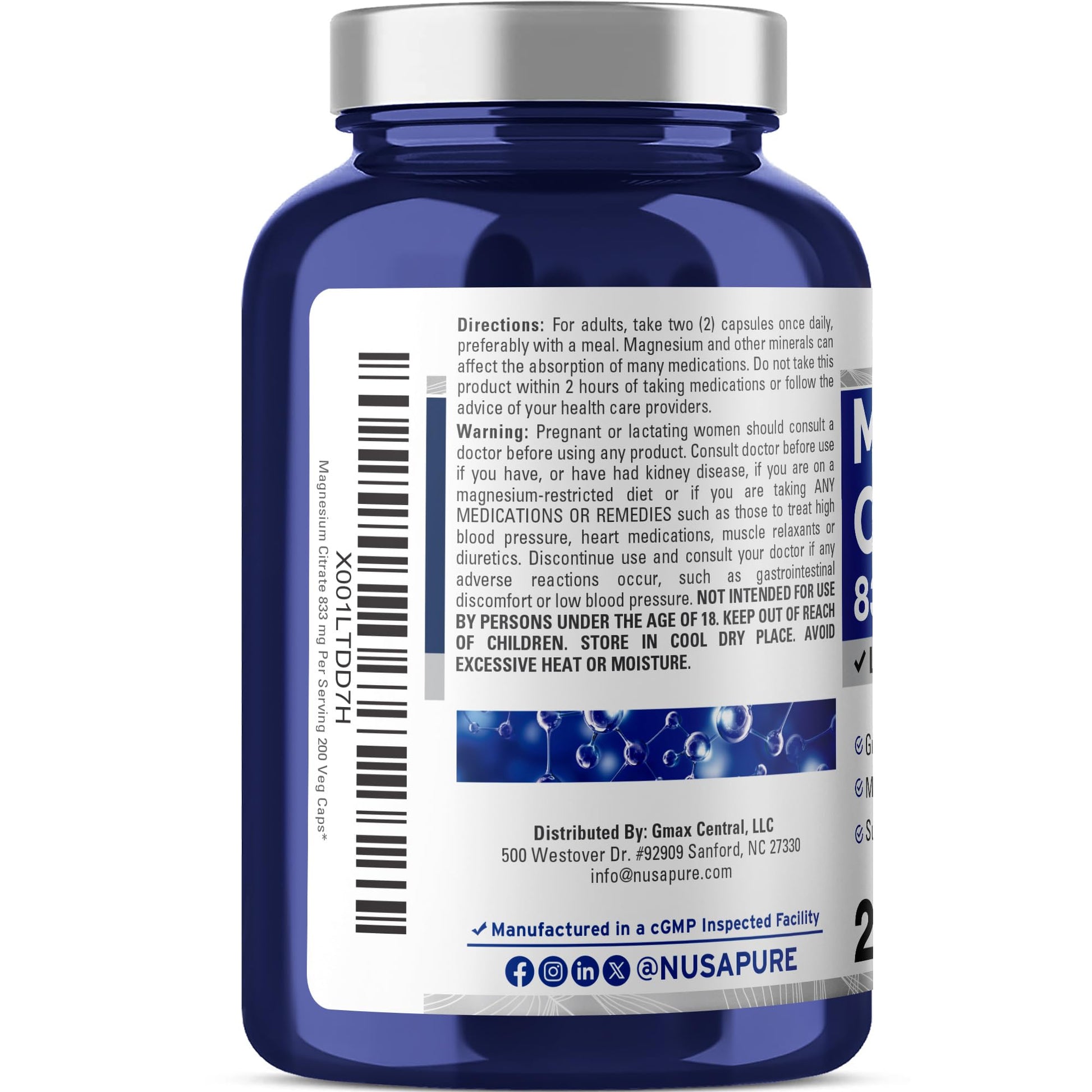 NusaPure Magnesium Citrate 833mg - 200 Veggie Capsules (Vegetarian, Non-GMO, Vegan) NusaPure buy australia supplements