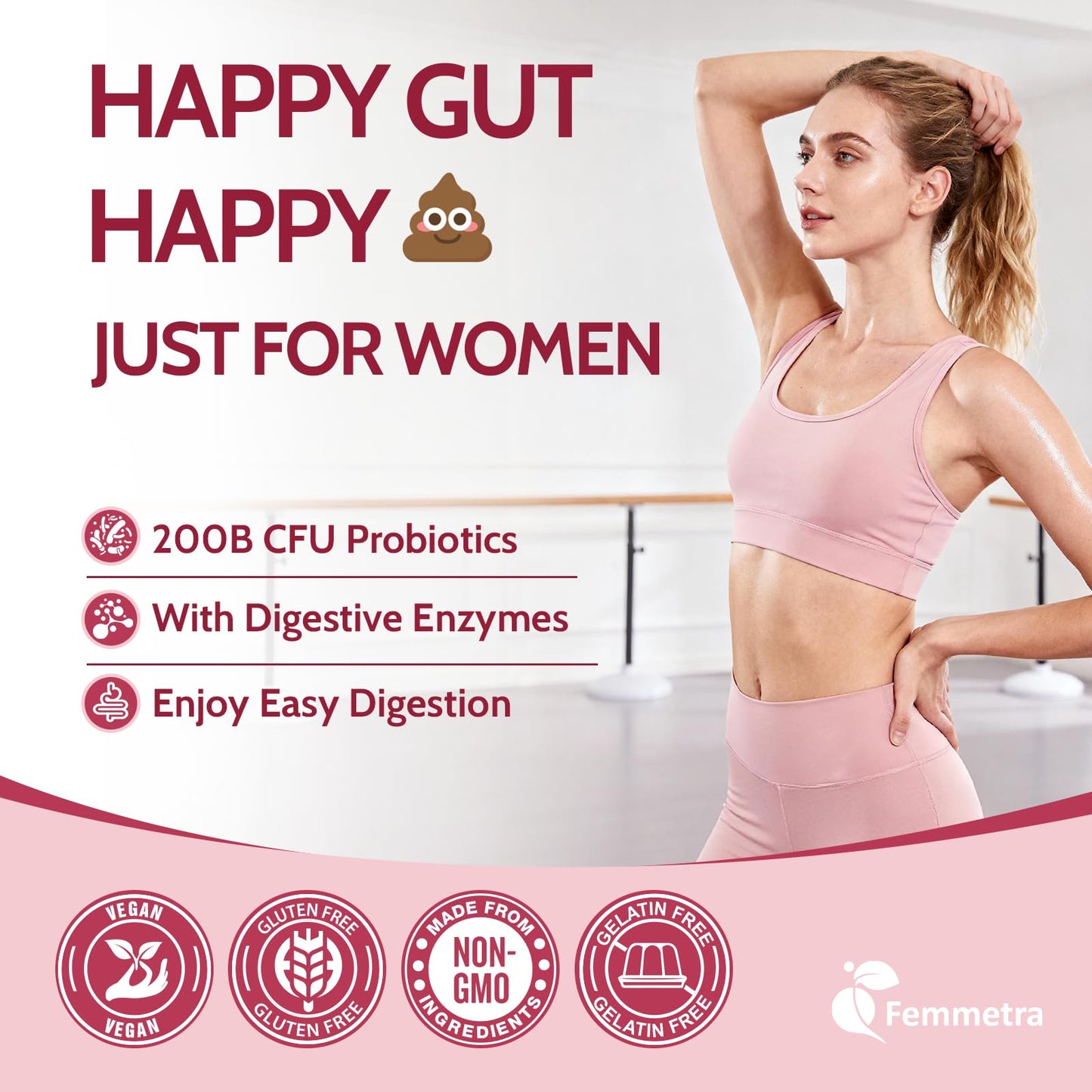 Femmetra 18-in-1 Probiotics for Women with Prebiotics - 200 Billion CFU with Digestive Enzyme, Cranberry, Kombucha - Sugar-Free Vaginal Gummies, Femmetra