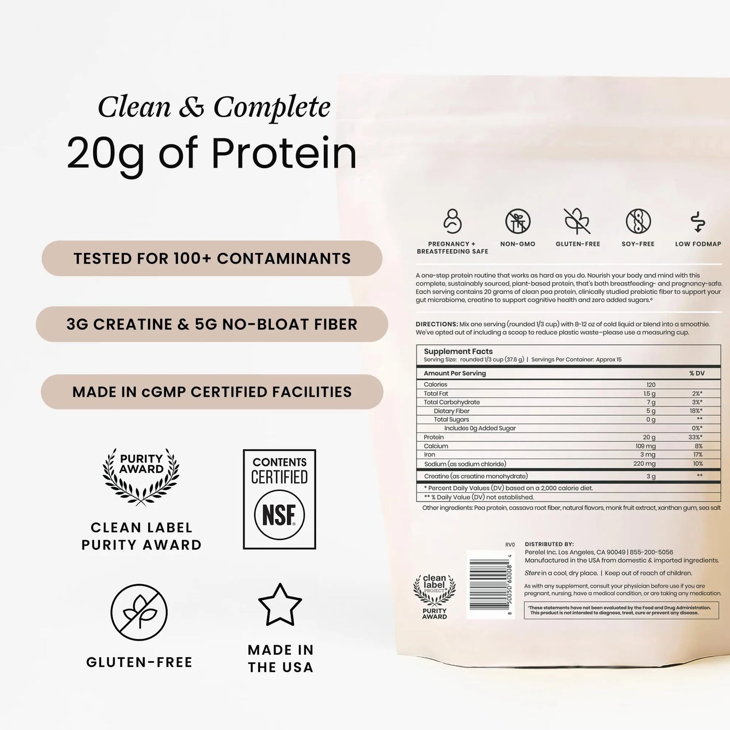 Perelel Triple-Support Plant Based Protein Powder, Creamy Vanilla, 20g Vegan Protein Powder, 3g Creatine Monohydrate, & 5g Prebiotic Fiber per Serving, Dairy Free, Perelel