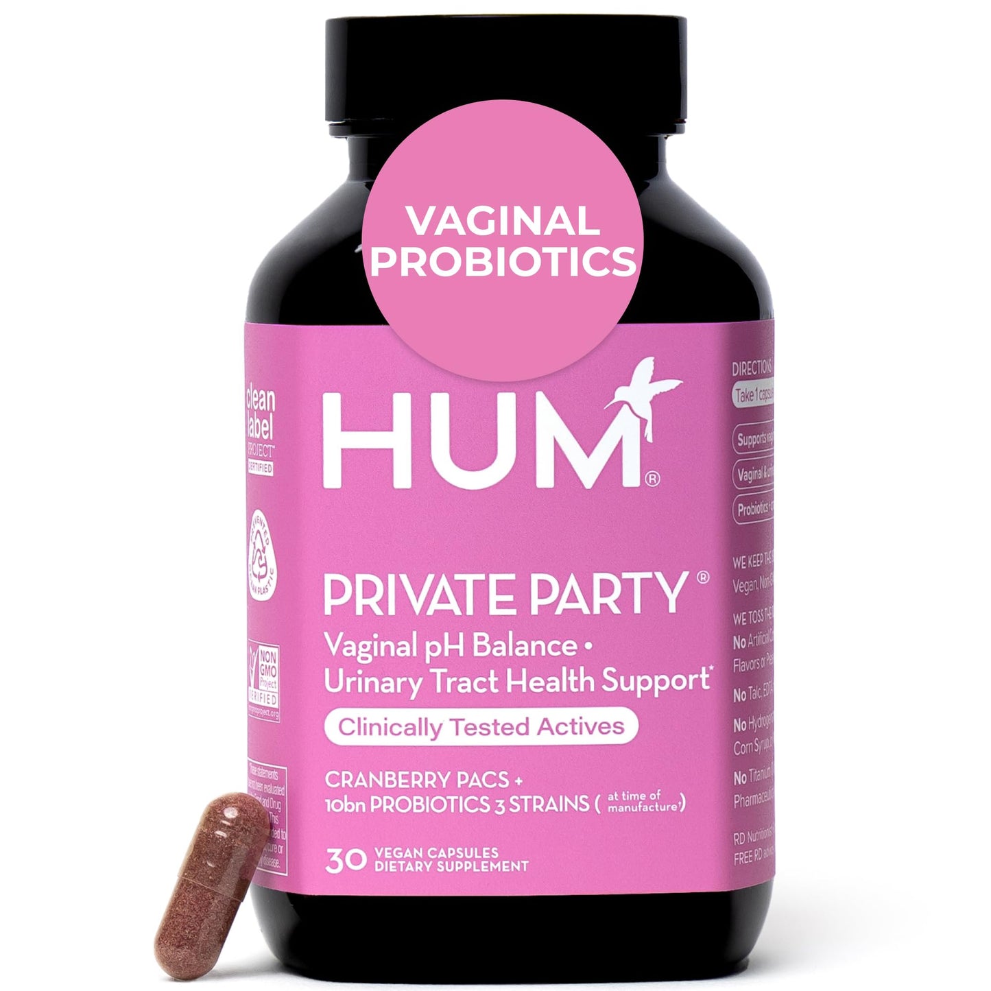 HUM Private Party Vaginal Probiotics for Women, pH Balance and Urinary Tract Support Vaginal Probiotic Supplement with Cranberry & Lactobacillus Blend, Women's Health Cranberry Pills, 30 Capsules