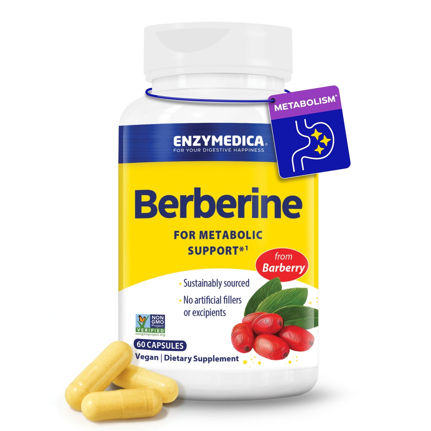 Enzymedica Berberine HCl Supplement 510 mg - Berberine Capsules for Men & Women, Natural Metabolic Health Support, Vegan, Gluten Free, Non-GMO - 120 Targeted Release Caps Gsupps Australia