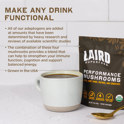 Laird Superfood Organic Performance Mushroom Blend with Chaga, Cordyceps, Lion's Mane and Maitake for Energy Laird Superfood