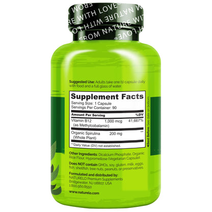 NATURELO Vegan B12 - Methyl B12 with Organic Spirulina - High Potency Vitamin B12 1000 mcg Methylcobalamin - Supports Healthy Mood NATURELO