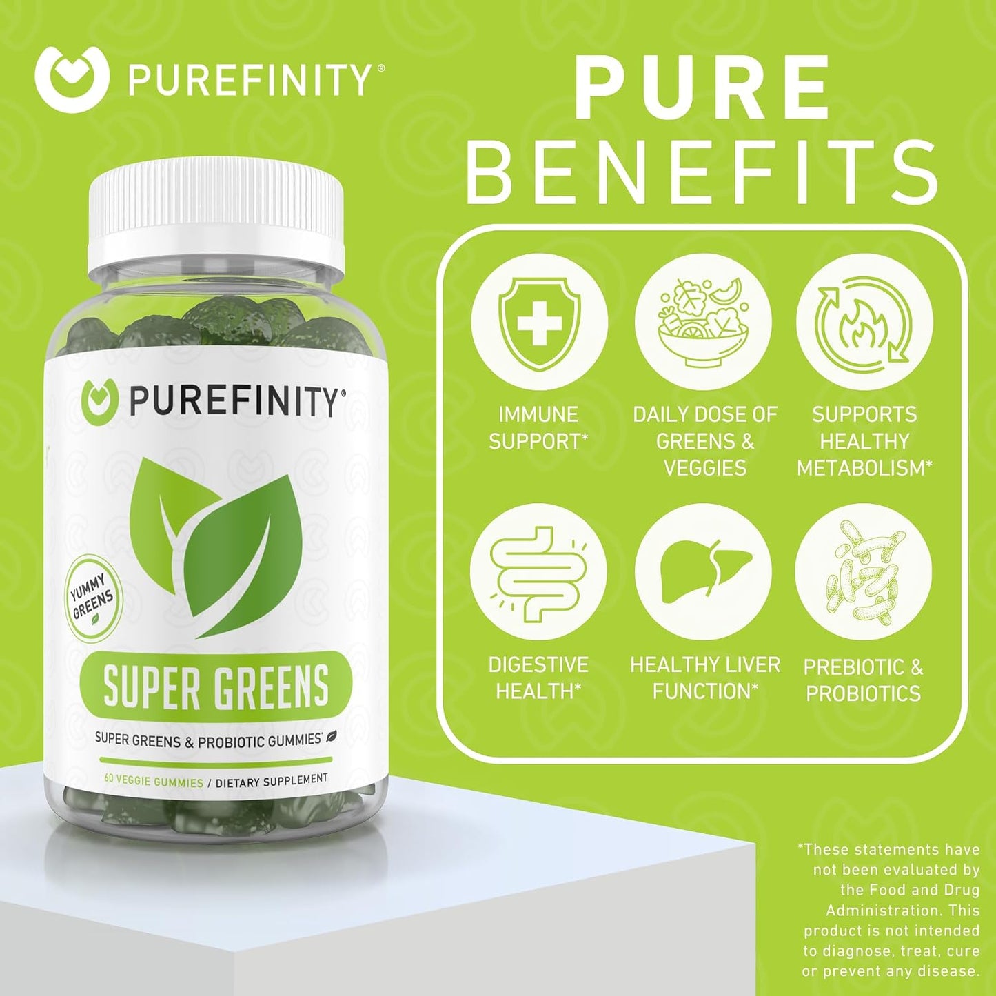PUREFINITY Fiber + Super Greens Gummies Bundle (Inulin FOS Prebiotic Fiber Gummies + Super Greens Gummies – Daily Supergreens with Spirulina, Alfalfa, Spinach, Broccoli, Beet Root, Acai)