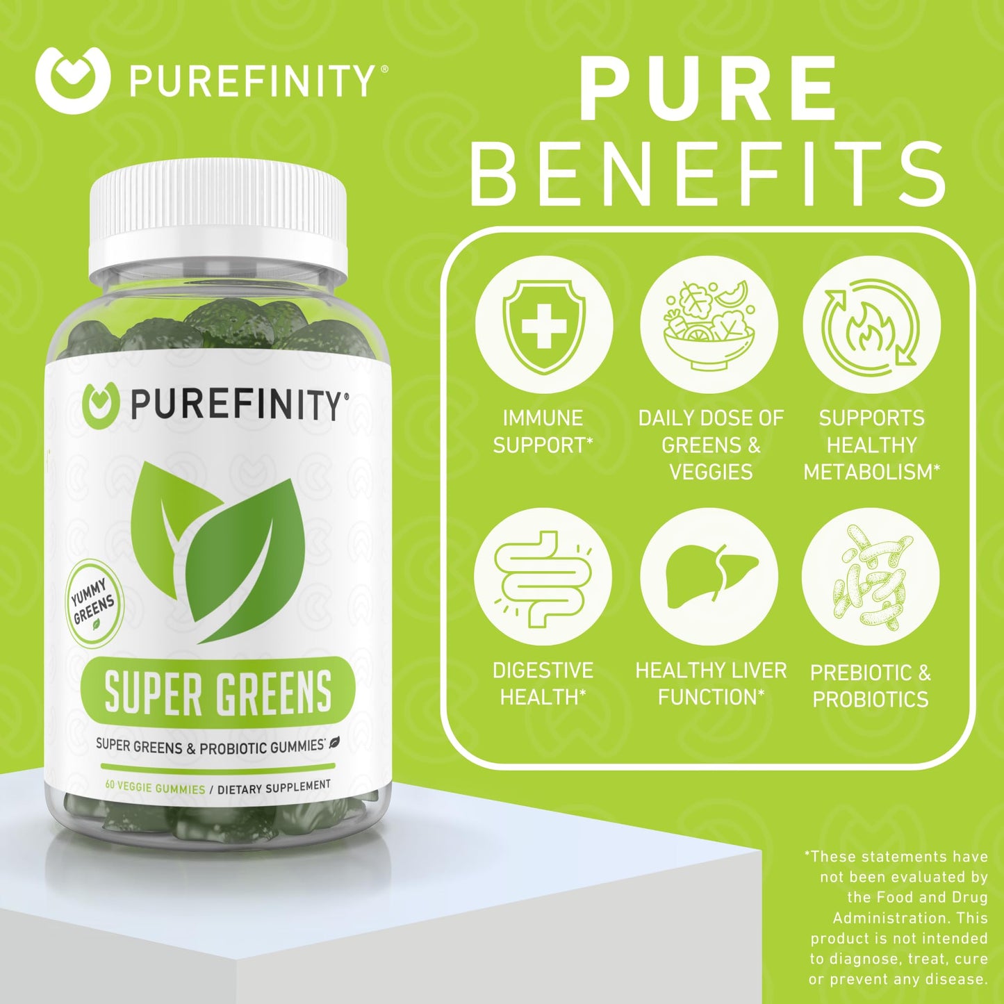 PUREFINITY Daily Super Greens Gummies with Spirulina, Spinach, Broccoli, Beet Root, Acai, and Other Vegetables, All-in-One Veggie Supplement – Non-GMO, Gluten Free, Vegan, 60 Count