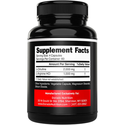 L Arginine L Citrulline Supplement 3000mg (240 Capsules) Nitric Oxide Pills for Men - Stamina, Endurance, Performance for Workouts - NO Supplements for Men DORADO NUTRITION
