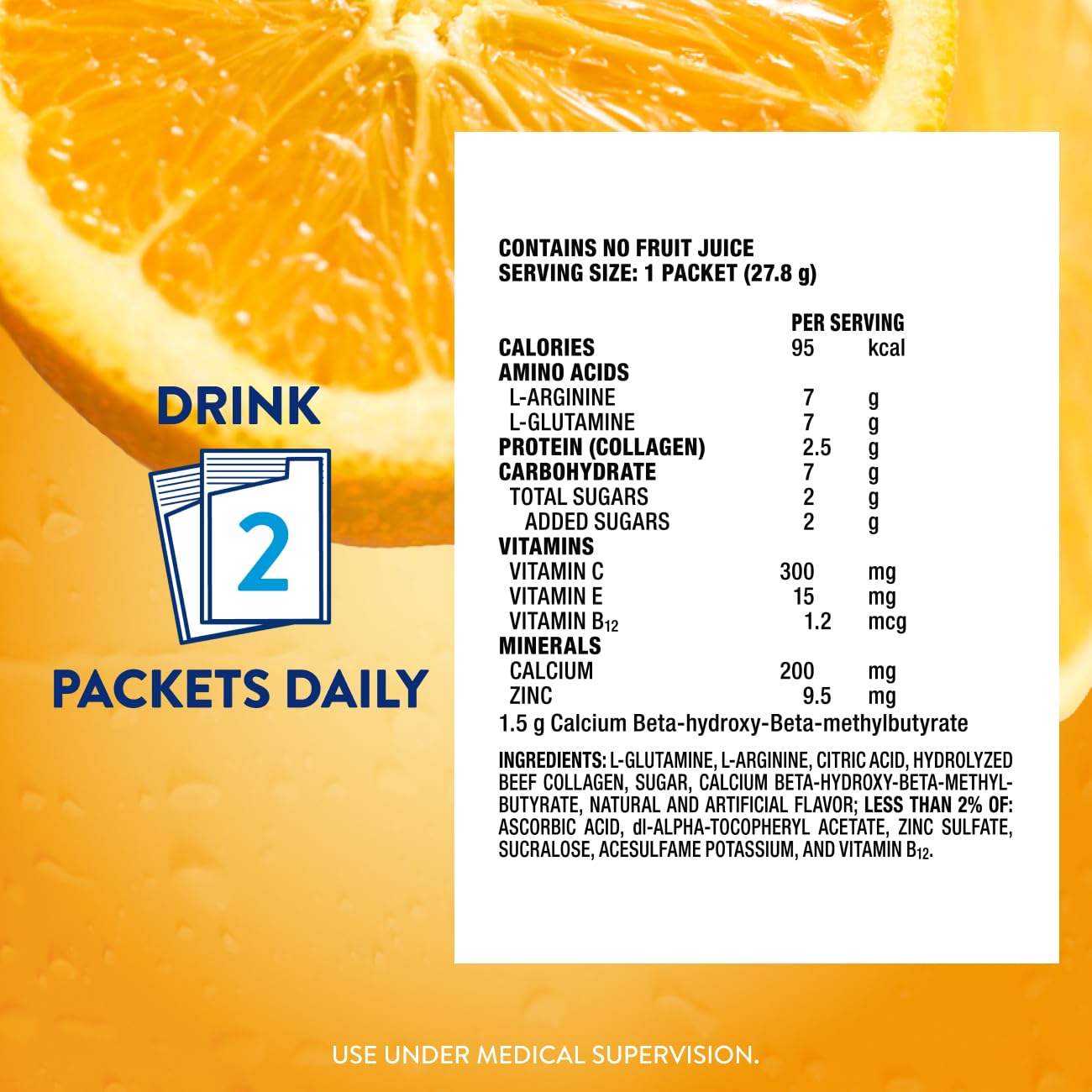 Juven Therapeutic Nutrition Drink Powder Including Collagen Peptides, Amino Acids, and HMB for Wound Healing Support, Orange, 30 Packets Juven