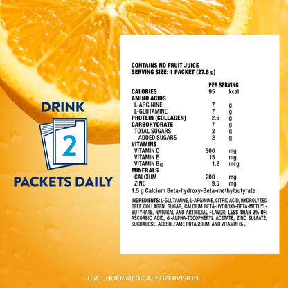 Juven Therapeutic Nutrition Drink Powder Including Collagen Peptides, Amino Acids, and HMB for Wound Healing Support, Orange, 30 Packets Juven