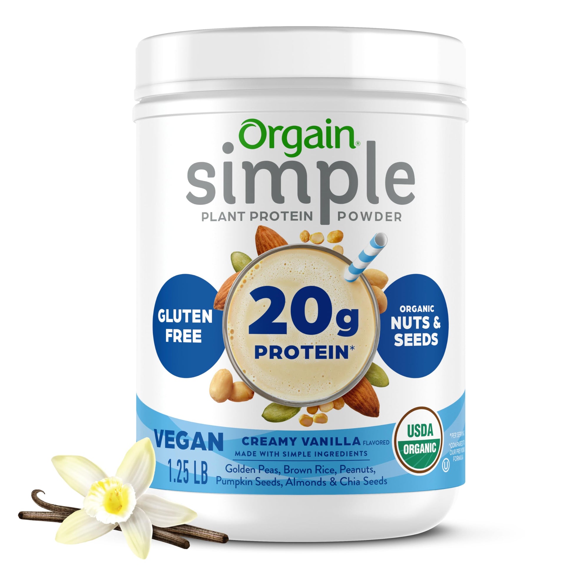 Orgain Organic Simple Vegan Protein Powder, Vanilla - 20g Plant Based Protein, Made with less Ingredients, No Artificial Sweeteners, Gluten Free, No Dairy or Lactose, 1.25 lb (Packaging May Vary) Orgain buy australia supplements