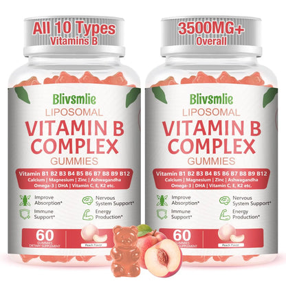 Blivsmlie 2 Pack 33-in-1 Liposomal Vitamin B Complex Gummies -B1, B2, B3, B4, B5, B6, B7, B8, B9,B12 | Vitamin C, D3,K2|Calcium,Magnesiun,Zinc etc.for Energy Blivsmlie