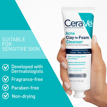 CeraVe Clay to Foam Acne Face Wash, Salicylic Acid Spot Treatment, 4 Oz CeraVe