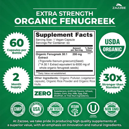 Zazzee USDA Organic Fenugreek 30:1 Extract, 120 Capsules, 4 Month Supply | Vegan, Breastfeeding & Lactation Support for Nursing Mothers, Organic Herbal Supplement, All-Natural, Non-GMO, Made in USA Gsupps Australia