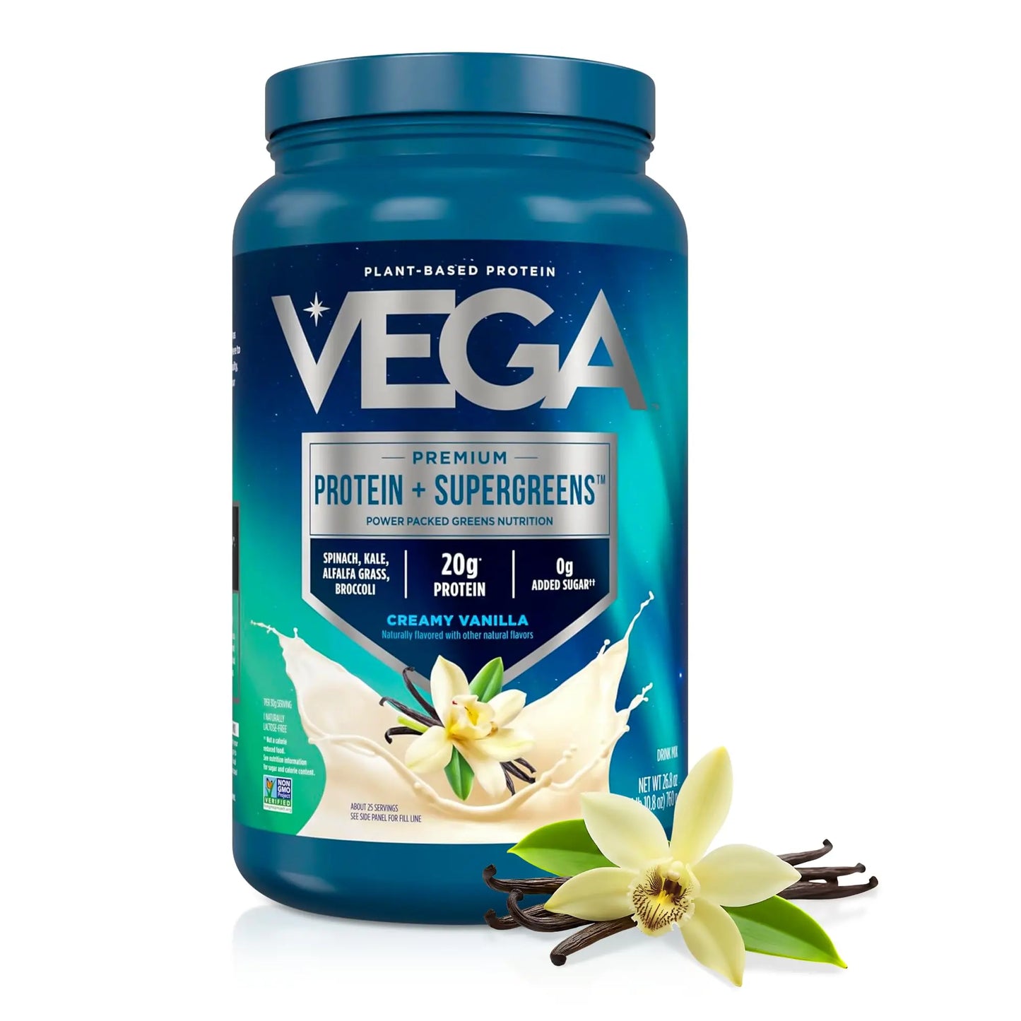Vega Premium Protein + Supergreens, Creamy Vanilla – 20g Vegan Protein, Dairy & Gluten Free, 26.9 oz (25 Servings) Vega
