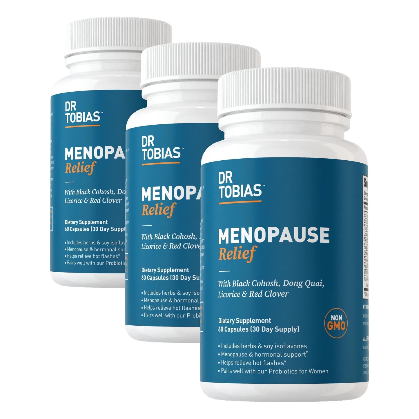 Dr. Tobias Menopause Relief with Black Cohosh, Soy Isoflavones, Don Quai, Hot Flash & Night Sweats Relief for Women, Non-GMO Menopause Supplements for Women, 60 Capsules, 30 Servings