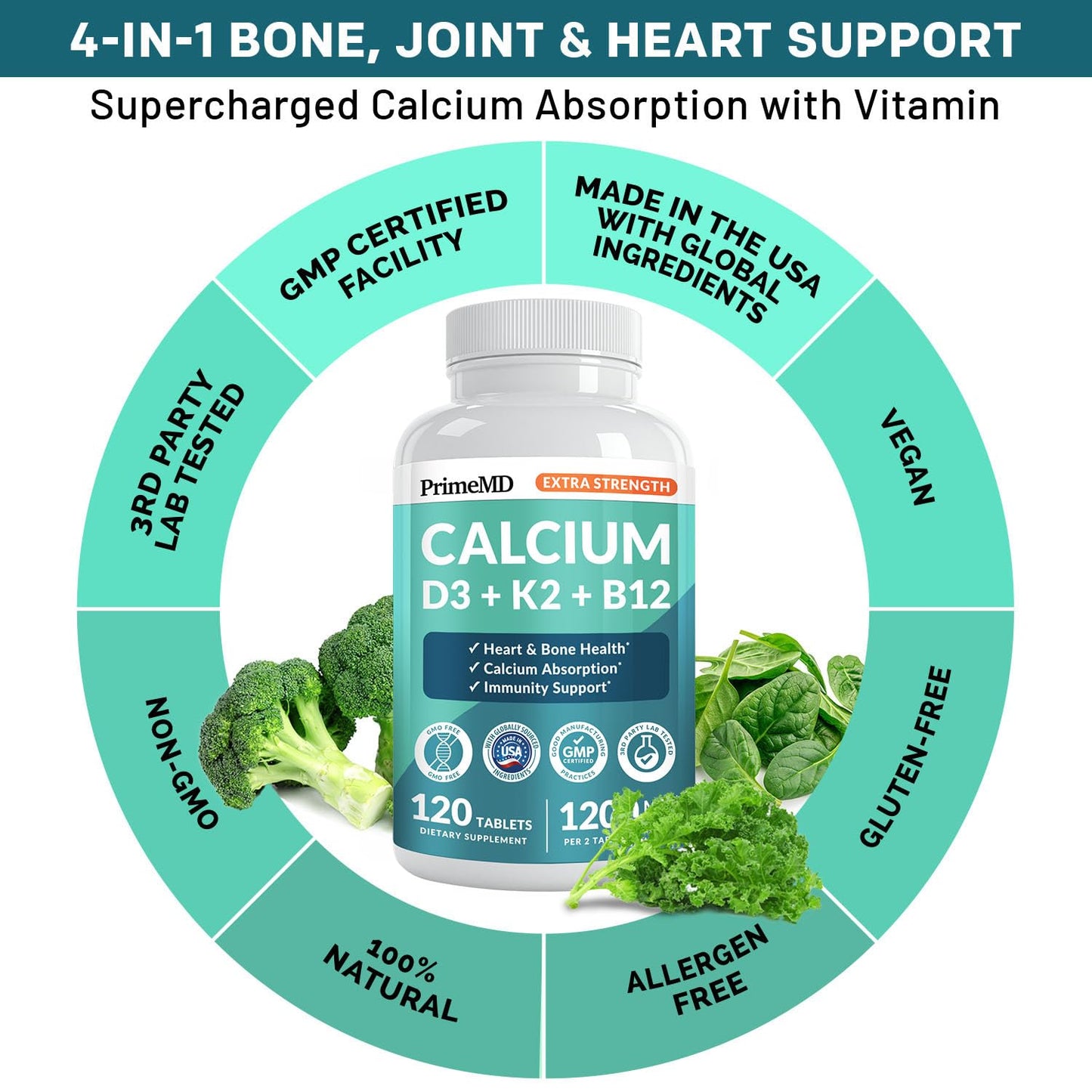4-in-1 Calcium 1200 mg with Vitamin D3 K2 - Extra Strength Calcium Supplements for Women & Men with D3 K2 Vitamin 5000 IU - Everyday Vitality Supplement PrimeMD