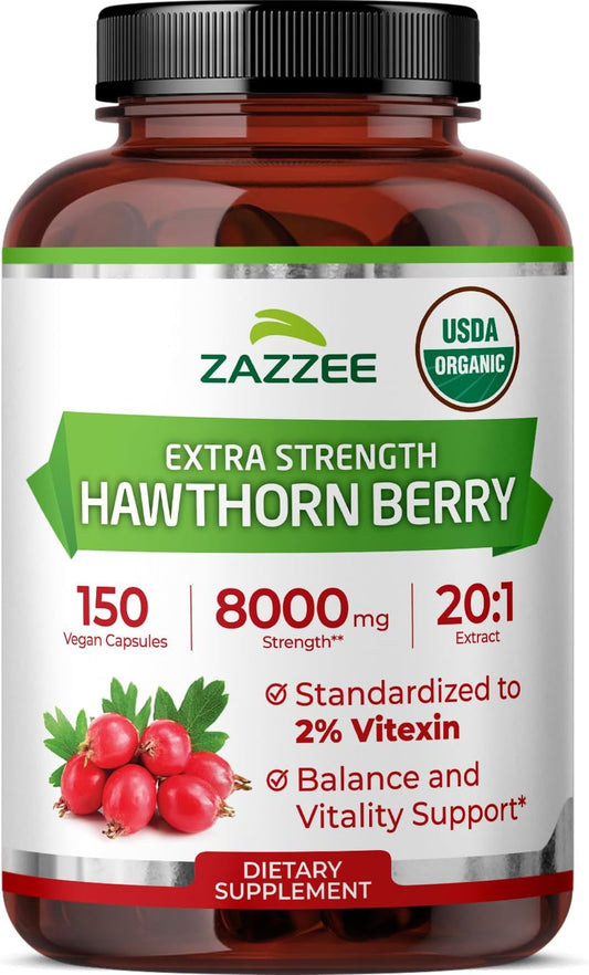 Zazzee USDA Organic Hawthorn Berry 20:1 Extract, 2% Vitexin, 150 Capsules | 5 Month Supply, Vegan, Crataegus Pinnatifida, Antioxidant & Circulation Support, Herbal Supplement, Non-GMO, Made in the USA Gsupps Australia