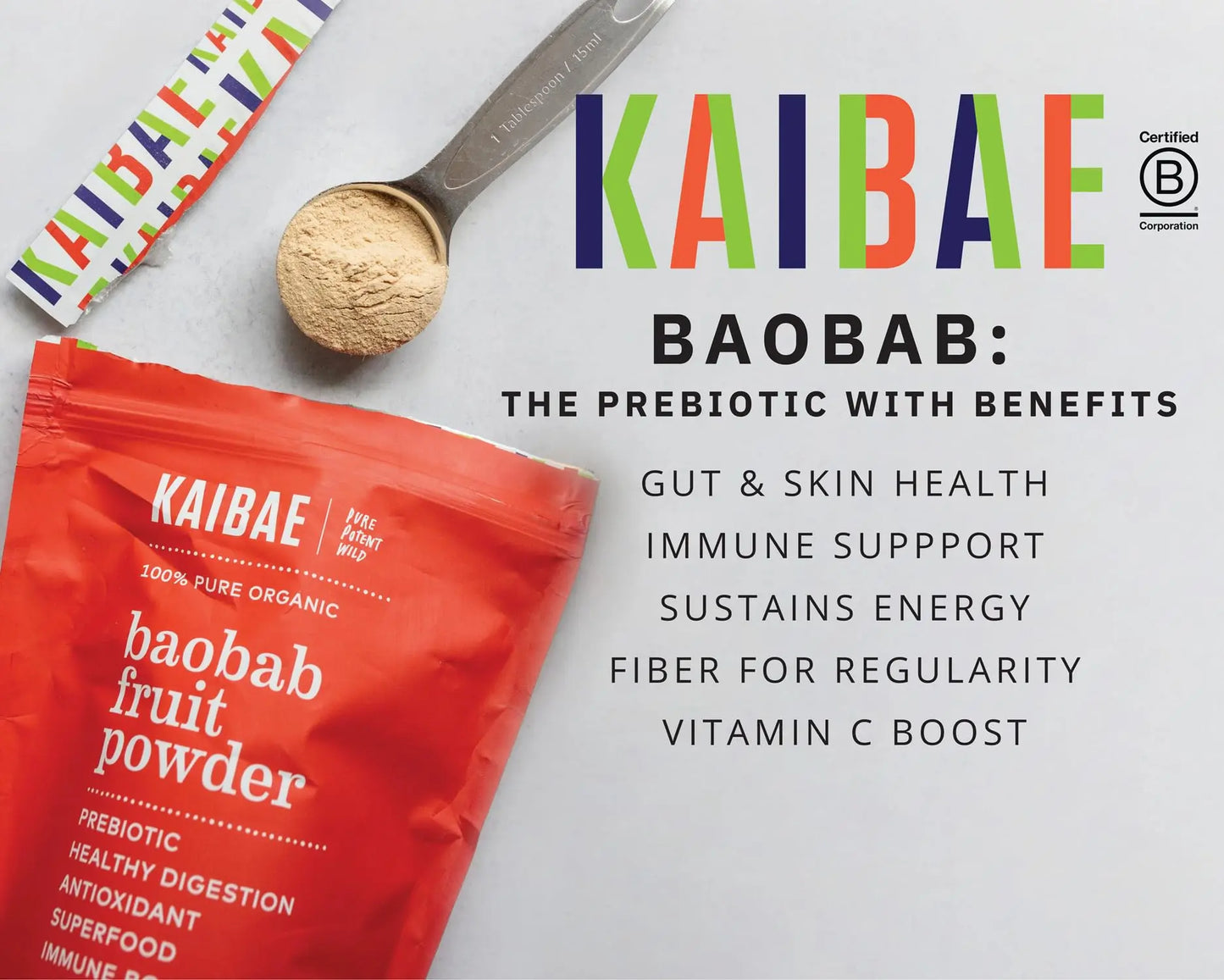 KAIBAE Premium Organic Baobab Powder | Prebiotic Fiber Superfood for Gut & Metabolic Health | Vitamin C + Polyphenols | Gluten-Free, Non-GMO, Vegan | 8 oz. KAIBAE