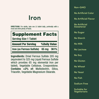 Nature’s Bounty Iron 65mg, 325 mg Ferrous Sulfate, Cellular Energy Support, Promotes Normal Red Blood Cell Production Nature's Bounty