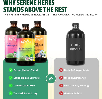 Serene Herbs Soursop Bitters Liquid & Black Seed Bundle – Organic Herbal Guanabana for Digestive Support & Immune Health – Vegan, Non-GMO – 32 oz (16 oz Each), (3 Pack)