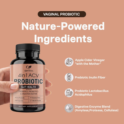 4-in-1 ACV Gut Formula – Apple Cider Vinegar, Prebiotics & Probiotics, Digestive Enzymes – Immune & Complete Digestion – 60 Veggie Capsules KINVERA