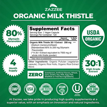 Zazzee USDA Organic Milk Thistle 30:1 Extract, 80% Silymarin, 120 Vegan Capsules, 4 Month Supply, Certified Kosher, High Potency Liver & Antioxidant Support Zazzee