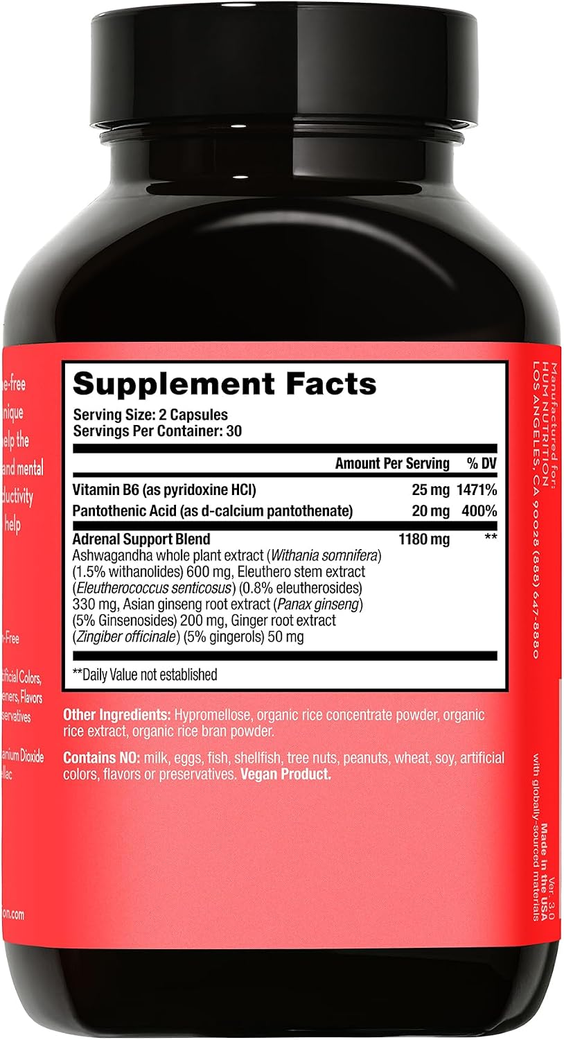 HUM Uber Energy Adrenal Energy Support Supplement with Ashwagandha Root, Ginseng, B Vitamins, Vitamin B6, B5, and Adaptogens, Supplements for Adrenal Fatigue Support, 60 Vegan Capsules