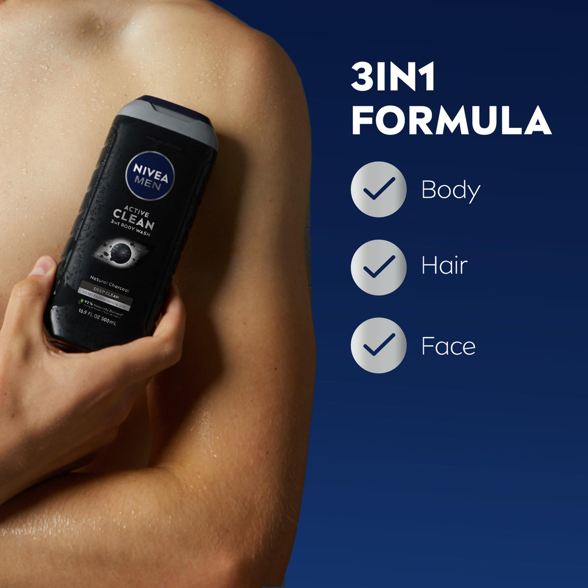 NIVEA MEN Active Clean 3-in-1 Body Wash, Mulitpack, 3 x 16.9 FL OZ NIVEA MEN