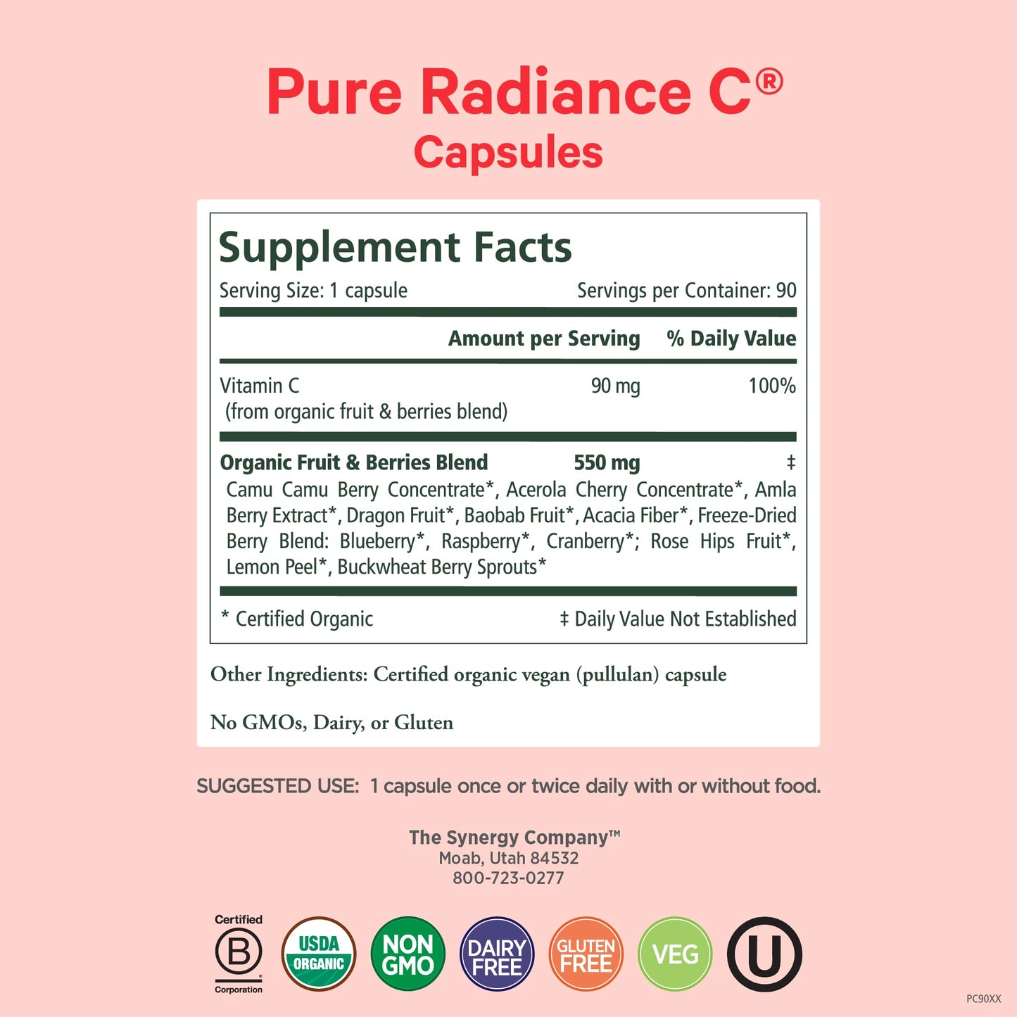 PURE SYNERGY Pure Radiance C | Organic Vitamin C Capsules | 100% Natural, Whole Food, Non-GMO Supplement with Organic Camu Camu PURE SYNERGY
