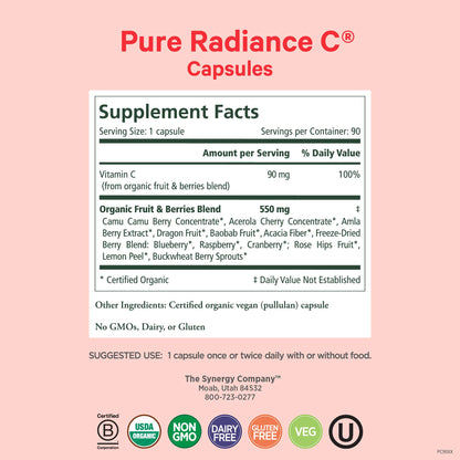 PURE SYNERGY Pure Radiance C | Organic Vitamin C Capsules | 100% Natural, Whole Food, Non-GMO Supplement with Organic Camu Camu PURE SYNERGY