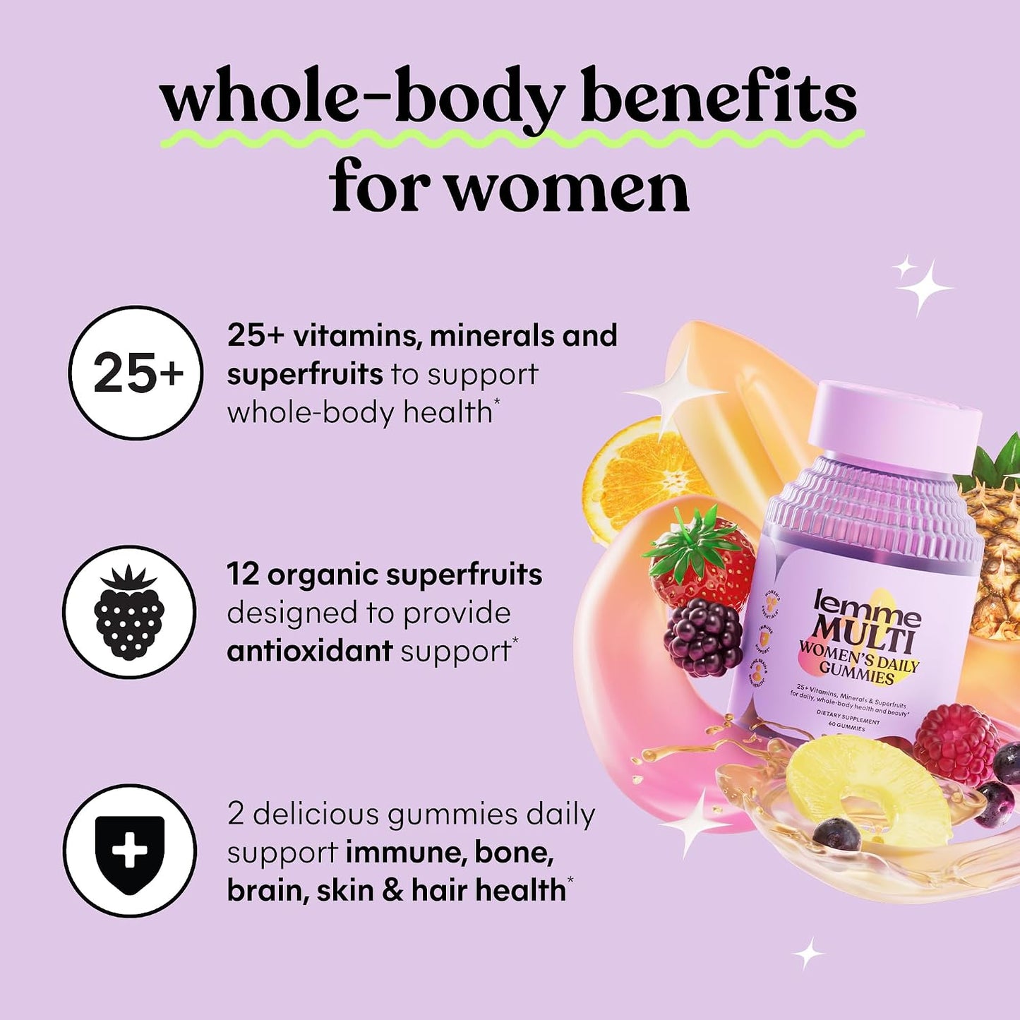 Lemme Women's Multivitamin Gummies, Daily Nutritional Support with Vitamins A, C, D, E, Biotin, Folic Acid, Zinc & Inositol, Bone, Brain, Skin & Immune Health, Raspberry Orange, 30-Day Supply