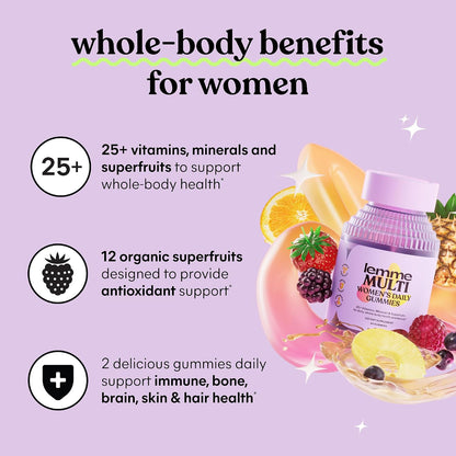 Lemme Women's Multivitamin Gummies, Daily Nutritional Support with Vitamins A, C, D, E, Biotin, Folic Acid, Zinc & Inositol, Bone, Brain, Skin & Immune Health, Raspberry Orange, 30-Day Supply