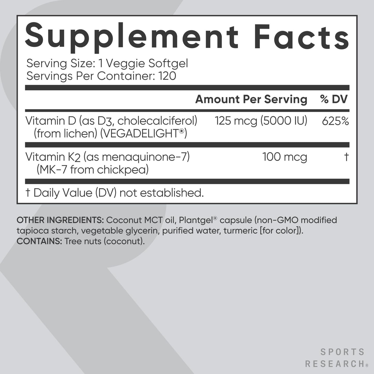 Sports Research® Vegan Vitamin D3 + K2 w/Coconut Oil, 60 Count Plantgels™ | Plant-Based Vitamin D 5000iu/125mcg & Soy-Free Vitamin K 100mcg for Bone & Immune Support - Vegan Certified · Non-GMO Gsupps Australia