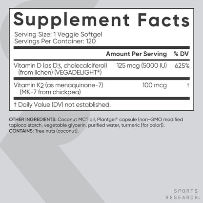 Sports Research® Vegan Vitamin D3 + K2 w/Coconut Oil, 60 Count Plantgels™ | Plant-Based Vitamin D 5000iu/125mcg & Soy-Free Vitamin K 100mcg for Bone & Immune Support - Vegan Certified · Non-GMO Gsupps Australia