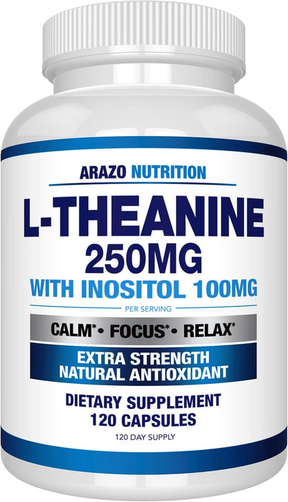 Arazo Nutrition L-Theanine 250mg (Extra Strength) with Inositol 100mg Per Serving, 120 Capsules Vegetarian Gsupps Australia