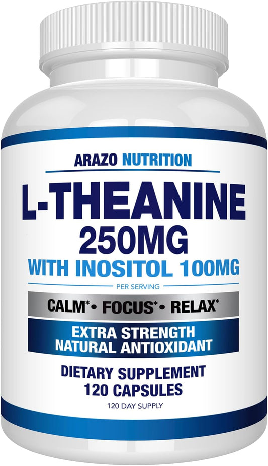 Arazo Nutrition L-Theanine 250mg (Extra Strength) with Inositol 100mg Per Serving, 120 Capsules Vegetarian Gsupps Australia