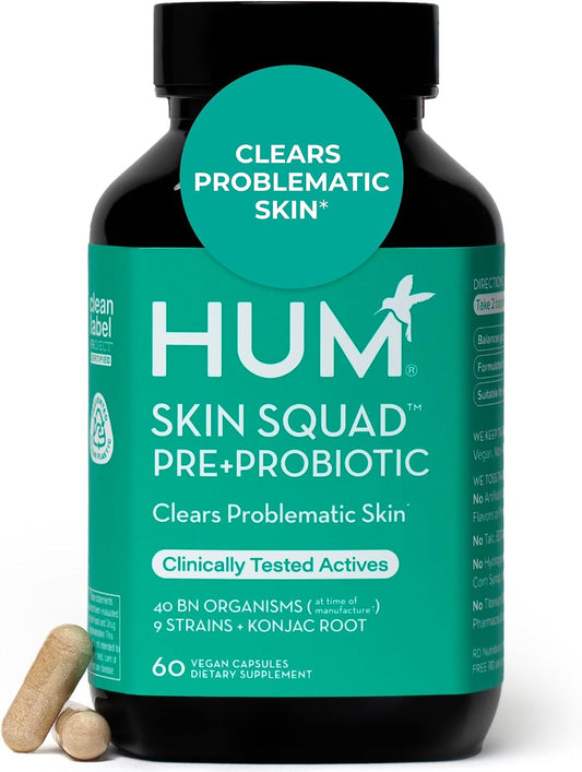 HUM Skin Squad Probiotics for Women and Men, Skin Care Supplement for Clear Complexion & Gut Health Support, Microbiome Prebiotic & Probiotic Supplement for Breakouts, Digestive Health, 60 Capsules