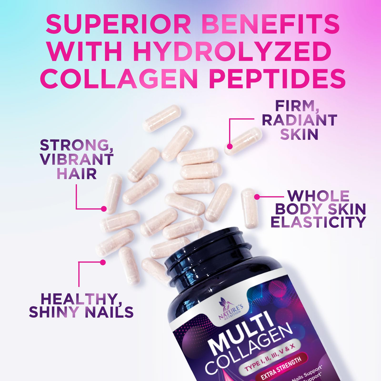 Multi Collagen Pills 2400 mg - Advanced Types I, II, III, V, X - Hydrolyzed Multi Collagen Peptides Pills, Collagen Supplements for Women & Men - Hair, Skin, & Nail Support Supplement - 120 Capsules Nature's Nutrition buy australia supplements